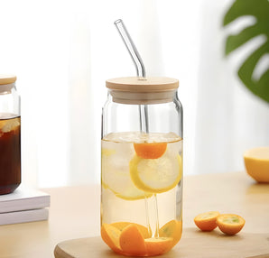 NFI essentials Drinking Glass Tumbler Sipper with Bamboo Lid and Reusable Glass Straw For Mojito, Milkshakes, Juices, Smoothies, Iced Coffee & Iced Tea 350ml