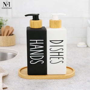 NFI essentials Ceramic Hands & Dishes Liquid Soap Dispenser Set of 2 with Bamboo Tray, Refillable Liquid Kitchen Sink Dishwash &Hand Wash Bottles