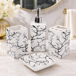 NFI essentials Ceramic 4 Piece Bathroom Accessories Set, Soap Dispenser, Toothbrush Holder, Tumbler & Soap Dish For Washroom Decor And House Warming Gift