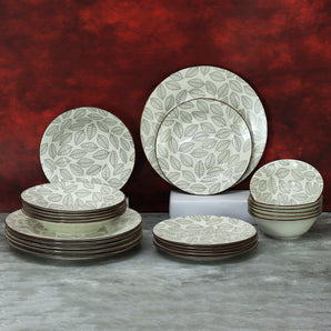 NFI essentials 24 pcs Ceramic Dinner Set for Dining with Leaf Pattern Microwave and Dishwasher Safe Crockery Set Quality Porcelain 6 Dinner Plates, 6 Quarter Plate, 6 Salad Plate & 6 Set Of Bowls
