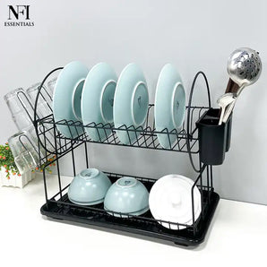 NFI essentials 2 Tier Dish Drying Rack for Kitchen Counter with Drainboard, Multifunctional Metal Rack Holder for Cups, Dishes, Knives, Spoons, Forks, Dish Drainer Utensil Holder