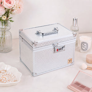 NFI essentials Makeup Vanity Box for Women, Professional Cosmetic Organizer Case with Mirror, Lock & Large Storage Compartment, Portable Bridal Vanity Box for Makeup, Jewelry