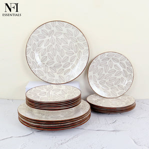 NFI essentials 18 pcs Ceramic Dinner Set for Dining Microwave & Dishwasher Safe Crockery Set Quality Porcelain Geometric Design 6 Dinner Plates, 6 Quarter Plate. 6 Salad Plate
