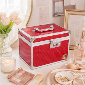NFI essentials Makeup Vanity Box for Women, Professional Cosmetic Organizer Case with Mirror, Lock & Large Storage Compartment, Portable Bridal Vanity Box for Makeup, Jewelry