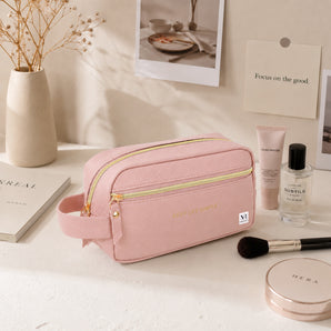 NFI essentials Premium Pink Toiletry & Makeup Organizer Pouch for Women Travel Bag with Front Zipper Pocket & Handle, Multipurpose Vanity Storage Case for Makeup, Skincare, Toiletries