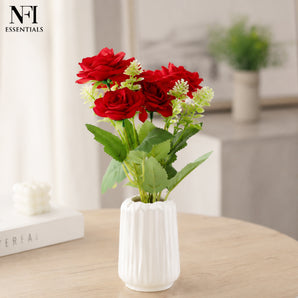 NFI essentials Artificial Red Rose Flower Bunch for Home Decoration, Rose Bouquet with Green Leaves, Faux Flowers for Vase Arrangement, Living Room,Office, Wedding, Anniversary