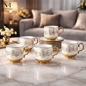 NFI Essentials Ceramic Cup & Saucer Set of 6 Pcs, Tea/Coffee Cup , Microwave & Dishwasher Safe, Premium Mug Perfect for Daily Use, Office, Gifting Elegant Golden Color Design .