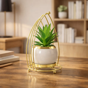 NFI essentials Artificial Plant with Ceramic Pot and Metal Stand, for Home Decor, Table Centerpiece, Shelf Decoration, Modern Indoor Plant.