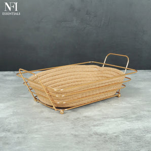 NFI essentials Handcrafted Decorative Fruit Basket with Golden Metal Frame & Woven Jute Base, Serving Bread Basket Elegant Storage Organizer for Home, Kitchen, Dining Table, Decor