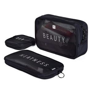 NFI essentials Mesh Makeup Pouch for Women Set of 3 Travel Toiletries Organizer Cosmetic Bags Portable Organizer Case Carry Pouch for Women Zipper Toiletry Pouch Pack 3
