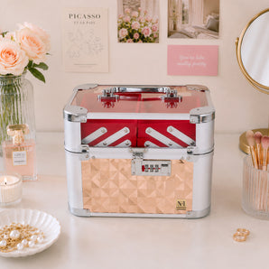 NFI essentials Makeup Organizer Box for Women, Bridal Makeup Case for Jewellery,Cosmetics & Bridal Essentials, with Lock and Multi-Layer Storage Trays Portable Vanity Box