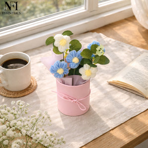 NFI essentials Crochet Bouquet in Decorative Pink Pot, Hand Woven Knitted Artificial Flower for Office Desk, Table Decor for Home