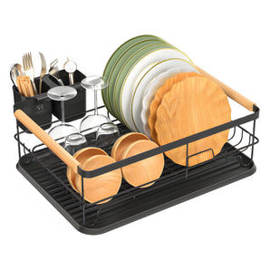 NFI essentials Dish Drying Rack Basket with Wooden Handle for Kitchen Utensils, Metal Dish Plate Drainer Stand for Home with Removable Cutlery Holder Tray for Kitchen Storage