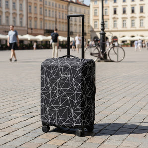 NFI Essentials Stretchable Black Geometric Printed Trolley Suitcase Cover 180 GSM Protective Luggage Cover for 4-Wheel Suitcases Anti-Scratch, Dustproof & Washable (22-24 Inch) - AYAHA ENTERPRISES PRIVATE LIMITED