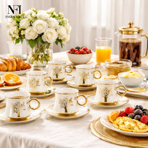 NFI Essentials Ceramic Cup & Saucer Set of 6 Pcs, Tea/Coffee Cup , Microwave & Dishwasher Safe, Premium Mug Perfect for Daily Use, Office, Gifting Elegant Golden Color Design.