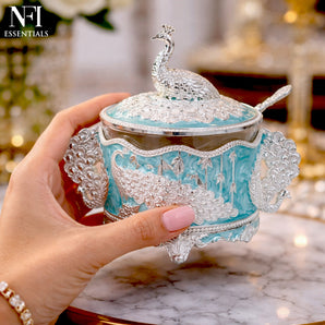 NFI essentials Premium Peacock Design Decorative Sugar Pot with Lid & Spoon, Dry Fruit & Mouth Freshener Container, Serving Jar for Saunf, Sugar, Candy & Spices Decorative Kitchen Tableware