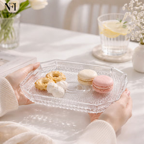 NFI essentials Dessert Serving Small Square Plate Clear Glass with Embossed Design, Elegant Round Plate for Serving Snacks, Desserts, Fruits, Salad, Gift