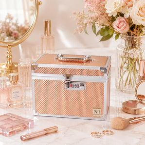 NFI essentials Makeup Vanity Box for Women, Professional Cosmetic Organizer Case with Mirror, Lock & Large Storage Compartment, Portable Bridal Vanity Box for Makeup, Jewelry