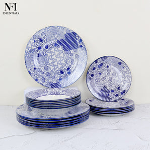 NFI essentials 18 pcs Ceramic Dinner Set for Dining Microwave & Dishwasher Safe Crockery Set Quality Porcelain Geometric Design 6 Dinner Plates, 6 Quarter Plate. 6 Salad Plate