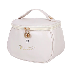 NFI essentials Cosmetic Travel Organizer Bag, Women's Makeup Pouch Toiletry Bag Portable Leather Wide Opening Cosmetics Bag with Handle for Girls