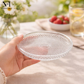 NFI essentials Dessert Serving Small Square Plate Clear Glass with Embossed Design, Elegant Round Plate for Serving Snacks, Desserts, Fruits, Salad, Gift