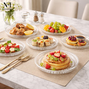 NFI essentials Pack of 6 Small Round Dessert Serving Plate Clear Glass with Embossed Design, Elegant Round Plate for Serving Snacks, Desserts, Fruits, Salad, Gift