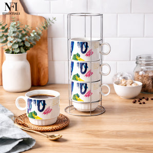 NFI Essentials Ceramic Coffee Mug Set of 4 with Metal Stackable Stand Tea & Coffee Cups with Space-Saving Vertical Storage Elegant Gift for Home & Office