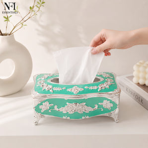NFI essentials Tissue Holder Box, European Style Luxurious Tissue Cover for Home, Office, Bedroom, Restaurant, Vintage Plastic Rose Tissue Box Holder for Home Office Decoration.