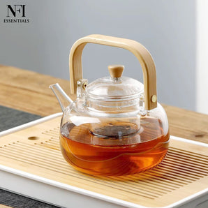 NFI essentials Premium Glass Teapot with Wooden Handle & Lid, Tea Kettle for Herbal Tea, Green Tea, Black Tea & Flowering Tea, Elegant Tea Serving Pot for Home & Office