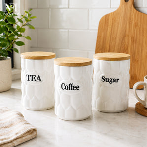NFI essentials Set of 3 Sugar Coffee Tea Canister with Bamboo Lids, Airtight Food Storage Containers for Kitchen Countertop, Organizer for Tea, Coffee, Sugar, Snacks & Dry Foods