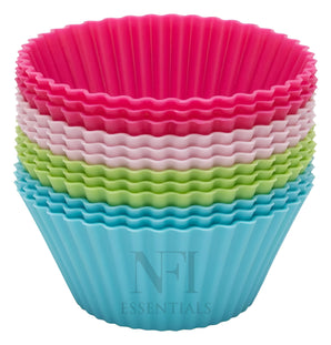 NFI essentials Pack of 12 Non-Stick Baking Muffins and Reusable Silicone Cupcake Baking Cups with Thick Cup for Homemade, Muffin Liners Multicolored.