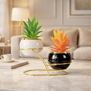 NFI essentials Artificial Succulent Plants with Dual Ceramic Pots & Gold Metal Stand, Modern Tabletop Planter Set for Home, Office, Living Room Decor, Decorative Plants for Shelf & Gifting.