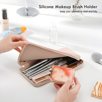 NFI essentials Makeup Brush Holder Pouch for Travel, Silicone Portable Cosmetic Face Brushes Case with Zipper Closure, Soft and Sleek Water Proof Large Make up Brush Pouch - AYAHA ENTERPRISES PRIVATE LIMITED