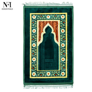NFI essentials Velvet Musallah Janamaz Prayer Mat, 70cm x 110cm Anti-Slip Soft Musala, Multipurpose Rug Travel Namaz Sajdah Mat, Rectangular Islamic Mats for Muslims Salah