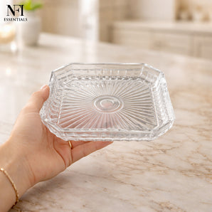 NFI essentials Dessert Serving Small Square Plate Clear Glass with Embossed Design, Elegant Round Plate for Serving Snacks, Desserts, Fruits, Salad, Gift