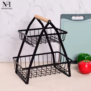 NFI essentials 2 Tier Fruit & Vegetable Basket with Handle, Multifunctional Metal Storage Shelf for Kitchen, Home & Dining Table, 2 Layer Potato Onion Stand, Rack for Fruits & Vegetables