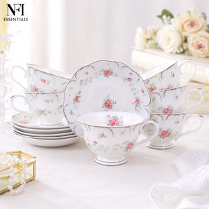 NFI essentials Ceramic Tea Cup and Saucer Set, Premium Vintage Style Floral Printed Coffee & Tea Cup with Handle, Ideal for Home, Office & Gifting 200ML