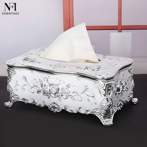 NFI essentials Tissue Holder Box, European Style Luxurious Tissue Cover for Home, Office, Bedroom, Restaurant, Vintage Plastic Rose Tissue Box Holder for Home Office Decoration