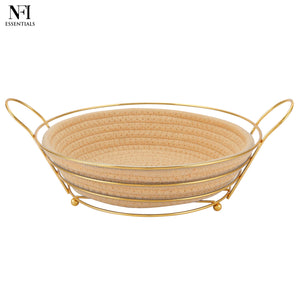 NFI essentials Handcrafted Decorative Fruit Basket with Golden Metal Frame & Woven Jute Base, Serving Bread Basket Elegant Storage Organizer for Home, Kitchen, Dining Table, Decor