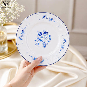 NFI essentials 8 inch Ceramic Quarter Plate with Elegant Blue Floral Design, Premium Serving Plate for Snacks, Desserts, Breakfast & Appetizers, Microwave & Dishwasher Safe Kitchen Plate