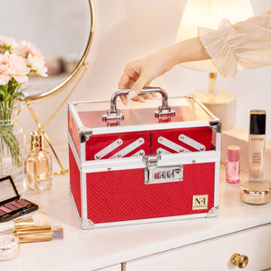 NFI essentials Makeup Organizer Box for Women, Bridal Makeup Case for Jewellery,Cosmetics & Bridal Essentials, with Lock and Multi-Layer Storage Trays Portable Vanity Box
