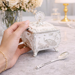 NFI essentials Premium Peacock Design Decorative Sugar Pot with Lid & Spoon, Dry Fruit & Mouth Freshener Container, Serving Jar for Saunf, Sugar, Candy & Spices Decorative Kitchen Tableware (Coffee)