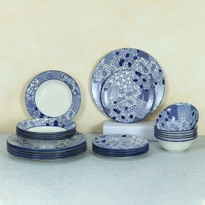 NFI essentials 24 pcs Ceramic Dinner Set for Dining patchwork pattern Microwave & Dishwasher Safe Crockery Quality Porcelain 6 Creamic Dinner Plates, 6 Quarter Plate, 6 Salad Plate & 6 Set Of Bowls