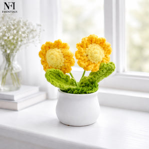 NFI essentials Crochet Twin Sunflower with Pot, Artificial Flowers, for Office Desk Car Dashboard Decor, Home Decoration, Office