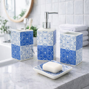 NFI essentials Ceramic 4 Piece Bathroom Accessories Set, Soap Dispenser, Toothbrush Holder, Tumbler & Soap Dish For Washroom Decor And House Warming Gift (Multicolor 2)