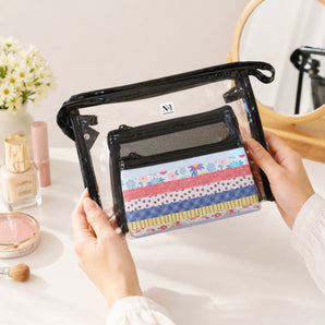 NFI essentials 3-in-1 Transparent Makeup Organizer Pouch Set for Women, Multipurpose Toiletry Storage Kit for Makeup, Skincare, Jewelry & Travel Essentials, PVC Cosmetic Travel Bag