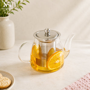 NFI essentials Glass Teapot with Removable Stainless Steel Tea Infuser & Lid, Heat Resistant Transparent Tea Maker for Home & Office, Great for for Loose Leaf Tea, Green Tea, Herbal Tea & Flower Tea