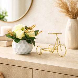 NFI essentials Artificial White Rose Flower with Decorative Gold Metal Stand, with Green Foliage in Vase, Ideal for Home Decor, Table Centerpiece, Living Room, Office Desk & Gift Item