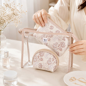 NFI essentials 3 Pcs. Cosmetic Pouch Makeup Pouch Vanity Bag Travel Organizer Toiletry Pouch for Women Zippered Pouch Set, Large, Medium, Small Makeup Bag