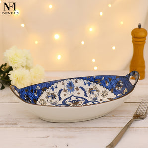 NFI essentials Ceramic Serving Platter with Handles Blue Mandala Design for Snacks, Appetizers, Salads, and Noodles | Safe for the Microwave and Dishwasher (10.8 inch)